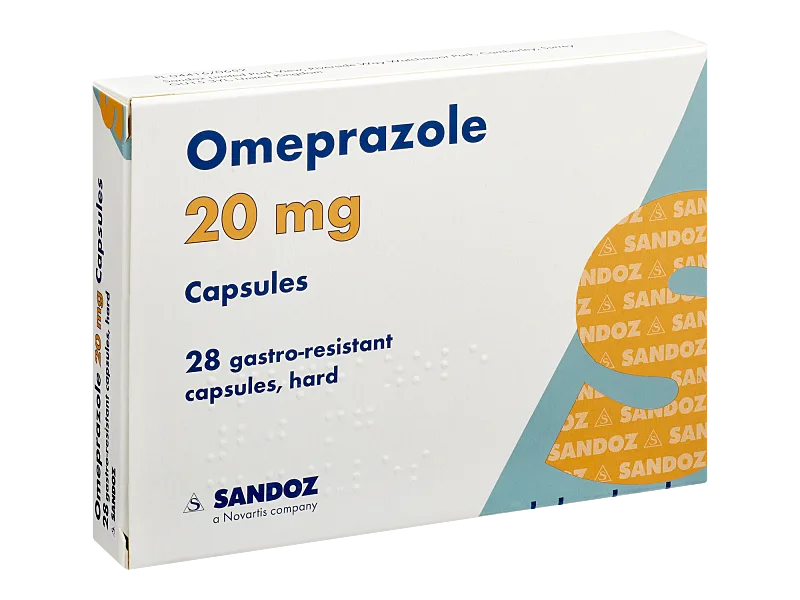 Box of Omeprazole 20mg Capsules for acid reflux treatment